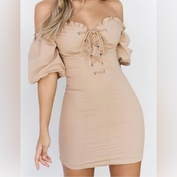 Better Be beige cream Puff Sleeve lace up mini Dress size S - Picture 1 of 15